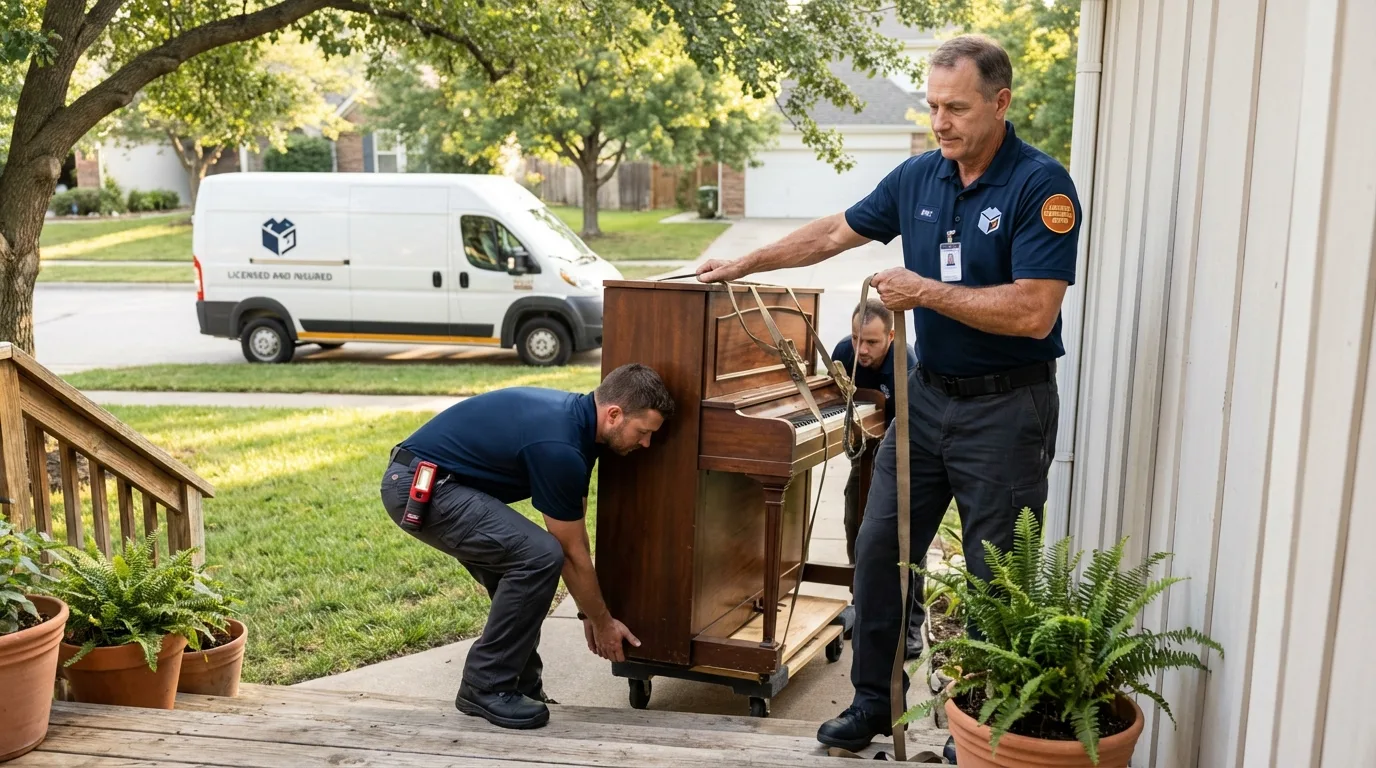 Licensed piano movers securing grand piano in Gadsden, AL