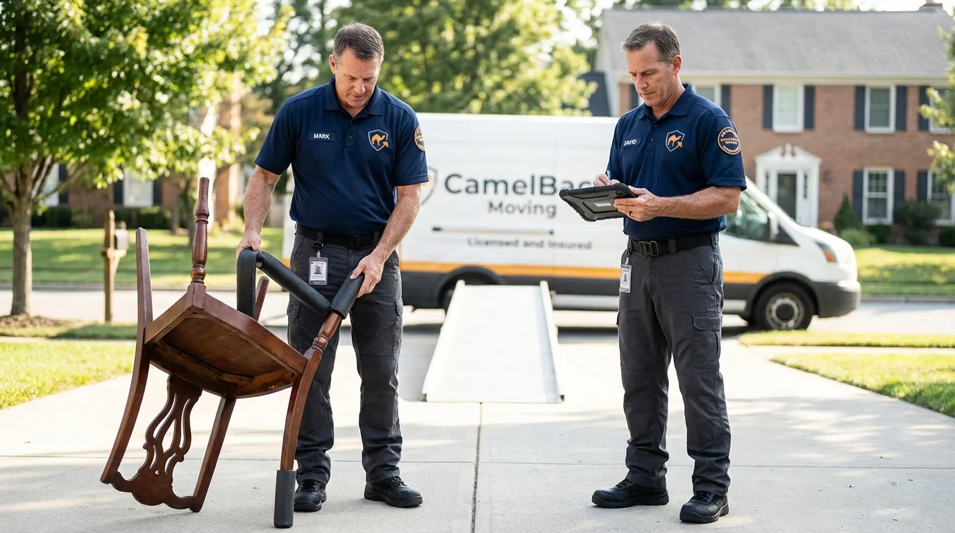 Movers inspecting furniture for damage prevention before loading in Gadsden, AL