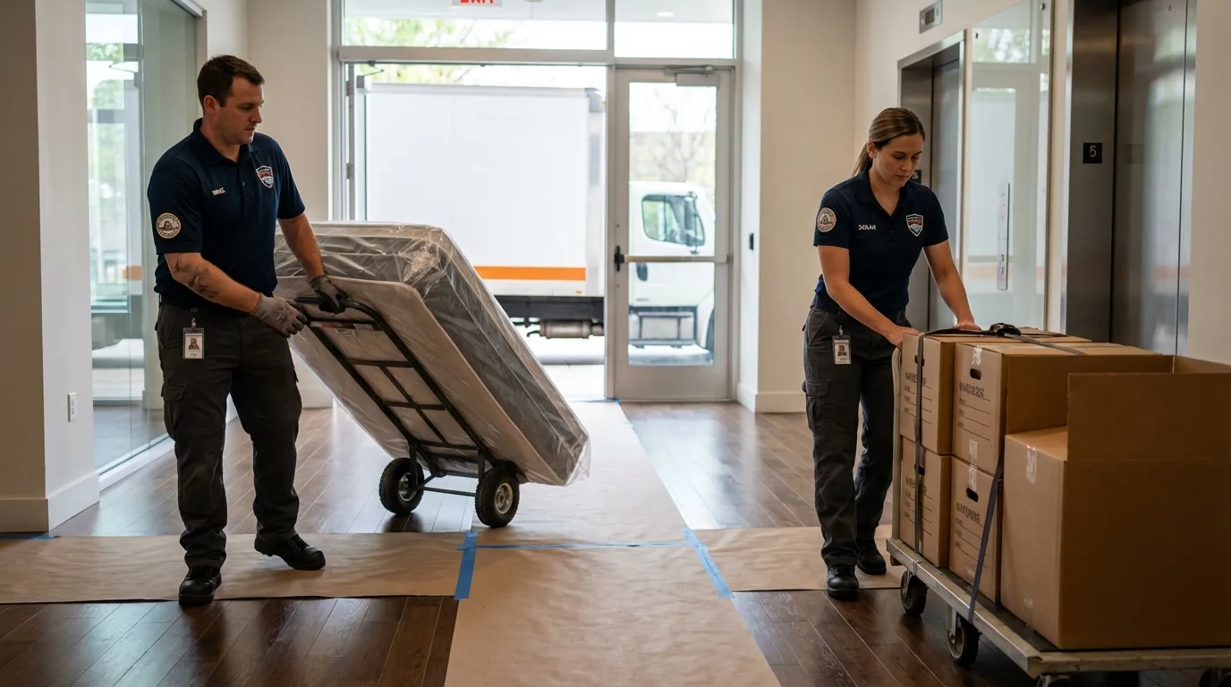 Professional apartment movers loading elevator in Gadsden, AL