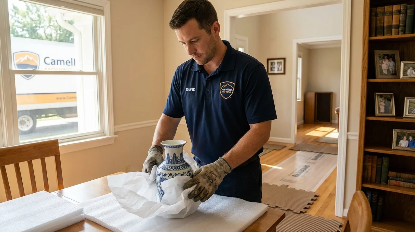 Professional crew carefully wrapping antique vase for senior downsizing move in Gadsden, AL